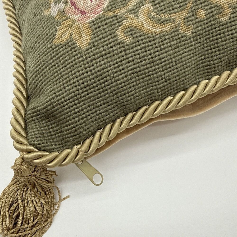 Vintage Petit Point Needlepoint Floral Throw Pillow Tassels Green  11.5 X 11.5” - Picture 8 of 12